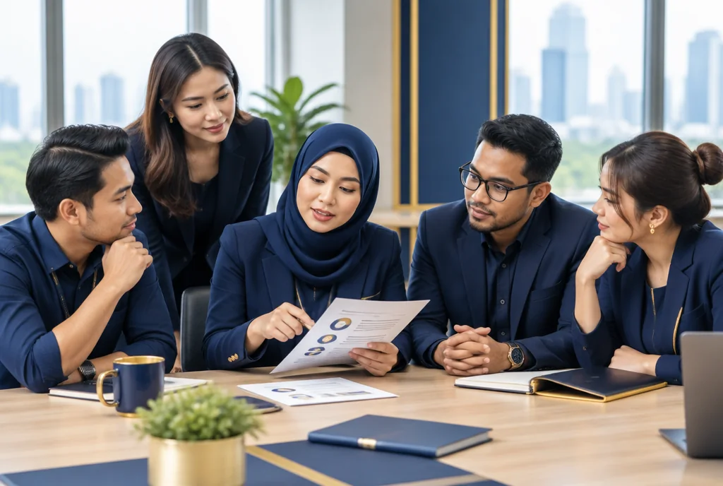 Illustration of a diverse Malaysian workplace team discussing training materials around a meeting table